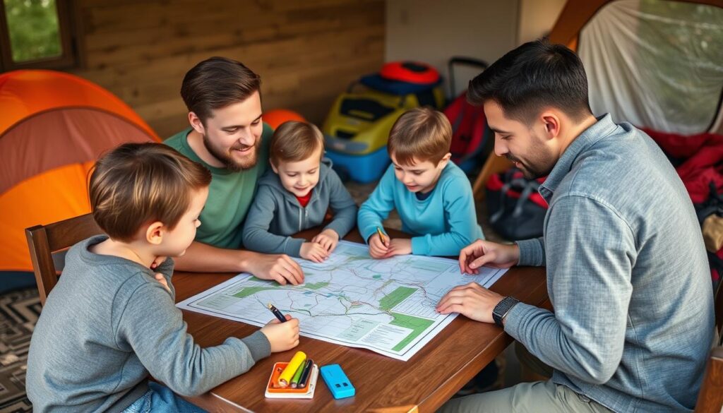 Família planejando o que levar para acampar com a família em uma mesa com mapa e lista