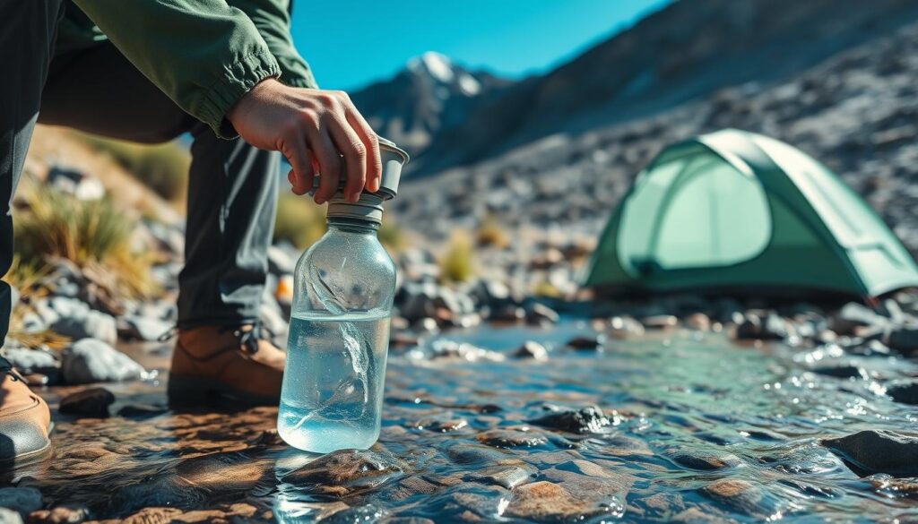 Pessoa purificando água em um acampamento próximo a um riacho