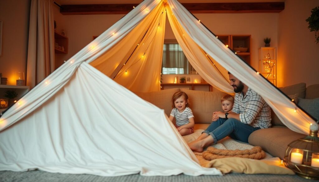 acampamento em casa com crianças em uma barraca na sala