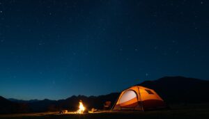 frases de acampamento com vista para montanhas e céu estrelado