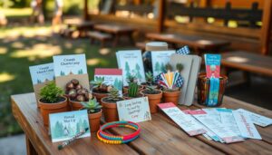 lembrancinhas para acampamento de igreja dispostas em uma mesa