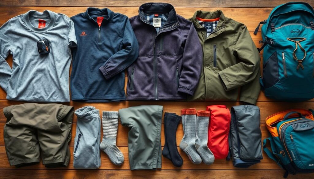 roupas para acampar organizadas para uma viagem