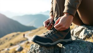 Pessoa amarrando bota de trekking em trilha com montanhas ao fundo