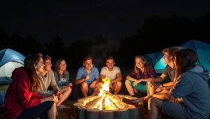 nomes de acampamentos para jovens com fogueira e amigos reunidos