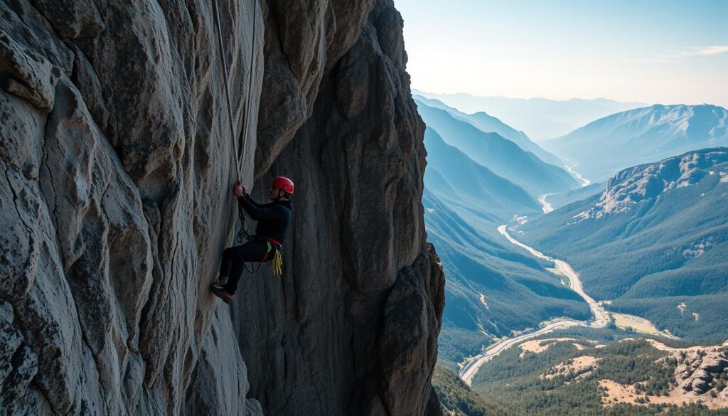 Pessoa praticando rapel em um penhasco com vista panorâmica, demonstrando a emoção deste esporte radical