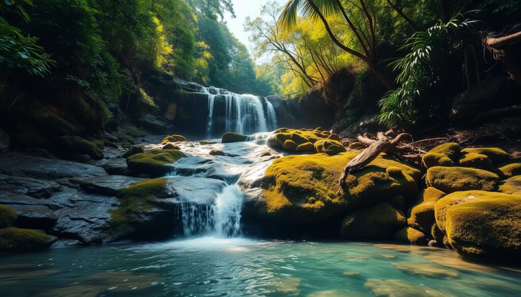 Pessoa tomando banho de cachoeira em meio à natureza exuberante