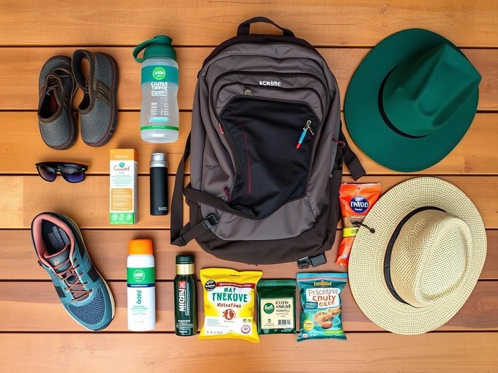 Equipamentos recomendados para a trilha da Cachoeira do Jarrão incluindo tênis apropriado, mochila e garrafa d'água