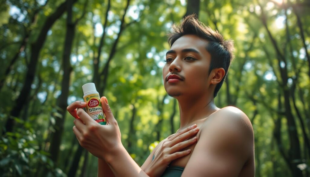 A tranquil outdoor scene, showcasing a person applying a repellent product to their skin in a careful, methodical manner. The subject is standing in a lush, verdant forest, the soft, dappled sunlight filtering through the canopy above. The repellent bottle prominently displays the