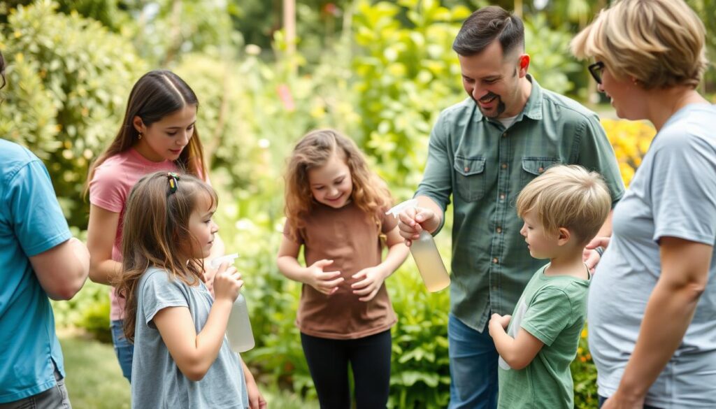Família usando repelente caseiro durante atividade ao ar livre Família usando repelente caseiro durante atividade ao ar livre
