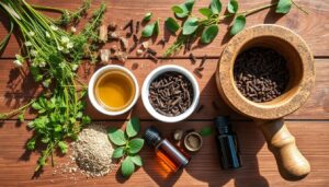 Ingredientes naturais para repelente caseiro espalhados sobre uma mesa de madeira