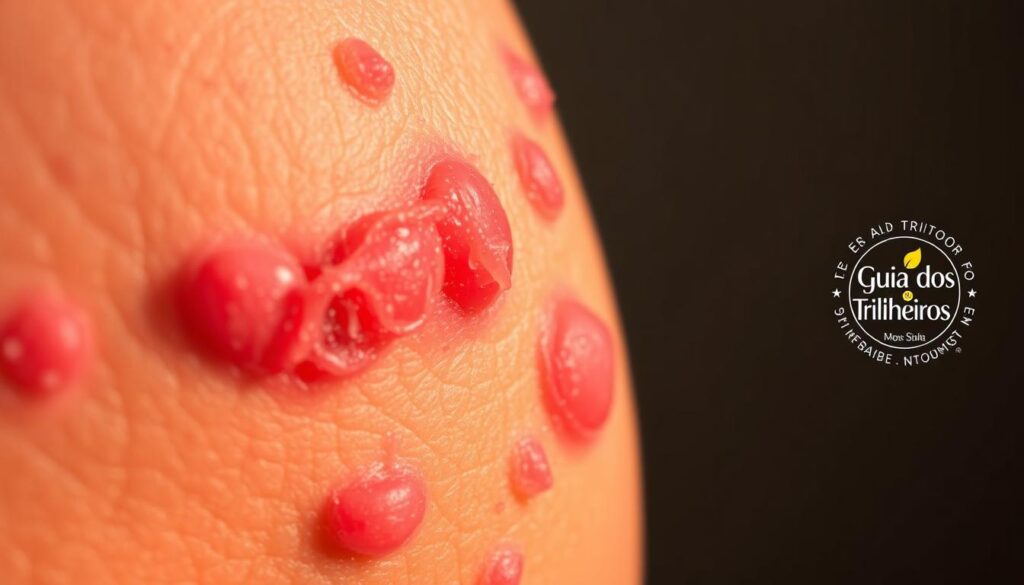 Vivid close-up of irritated, reddened skin with raised, itchy bumps and patches. Skin texture appears rough, slightly swollen, and inflamed. Highlighted by warm, diffused lighting from the side, casting gentle shadows. Prominent against a muted, blurred background. Conveys a sense of discomfort and the need for relief. Guia dos Trilheiros logo subtly displayed in the corner.