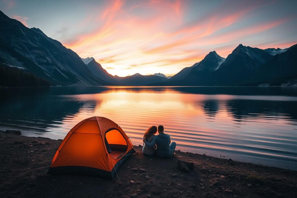 Acampamento Romântico à beira de um lago com montanhas ao fundo
