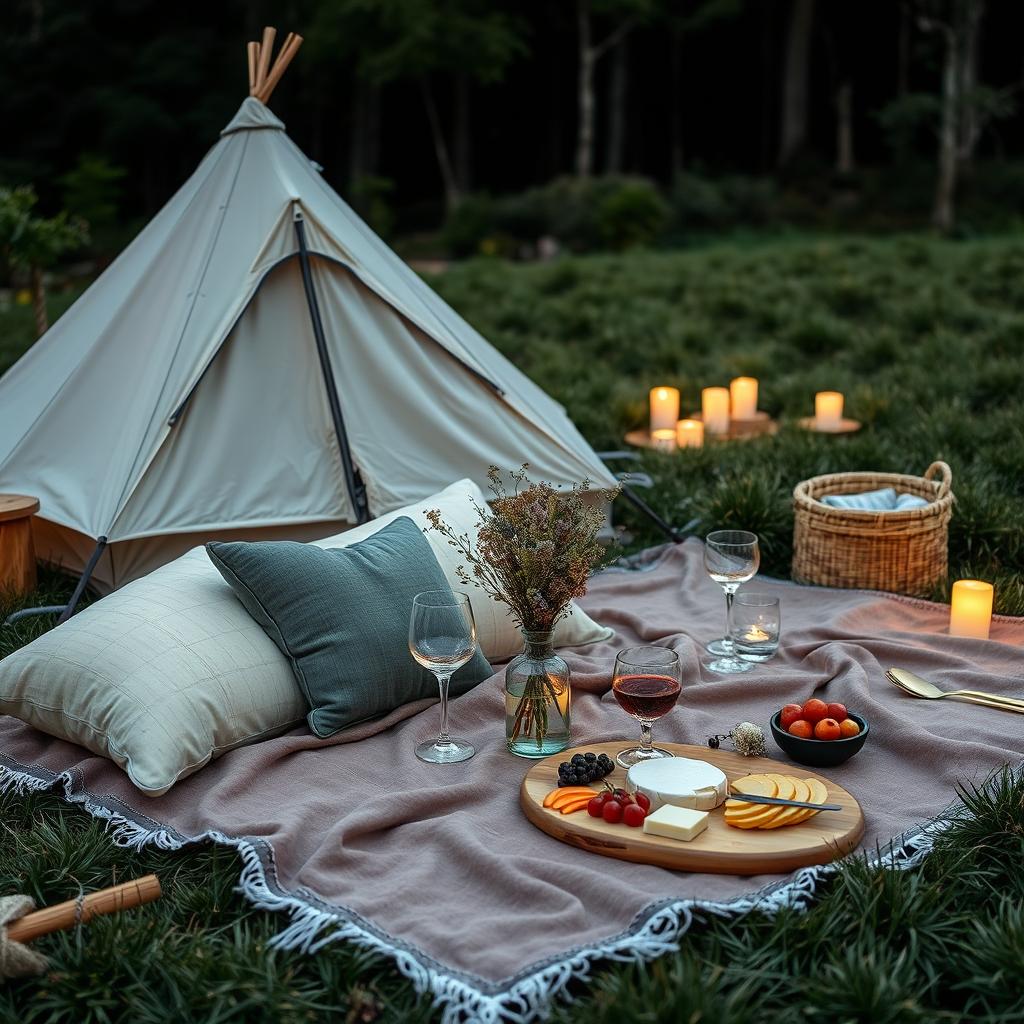 Acampamento Romântico com área de piquenique decorada