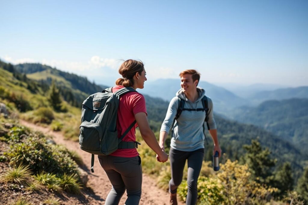 Acampamento Romântico com casal em trilha panorâmica