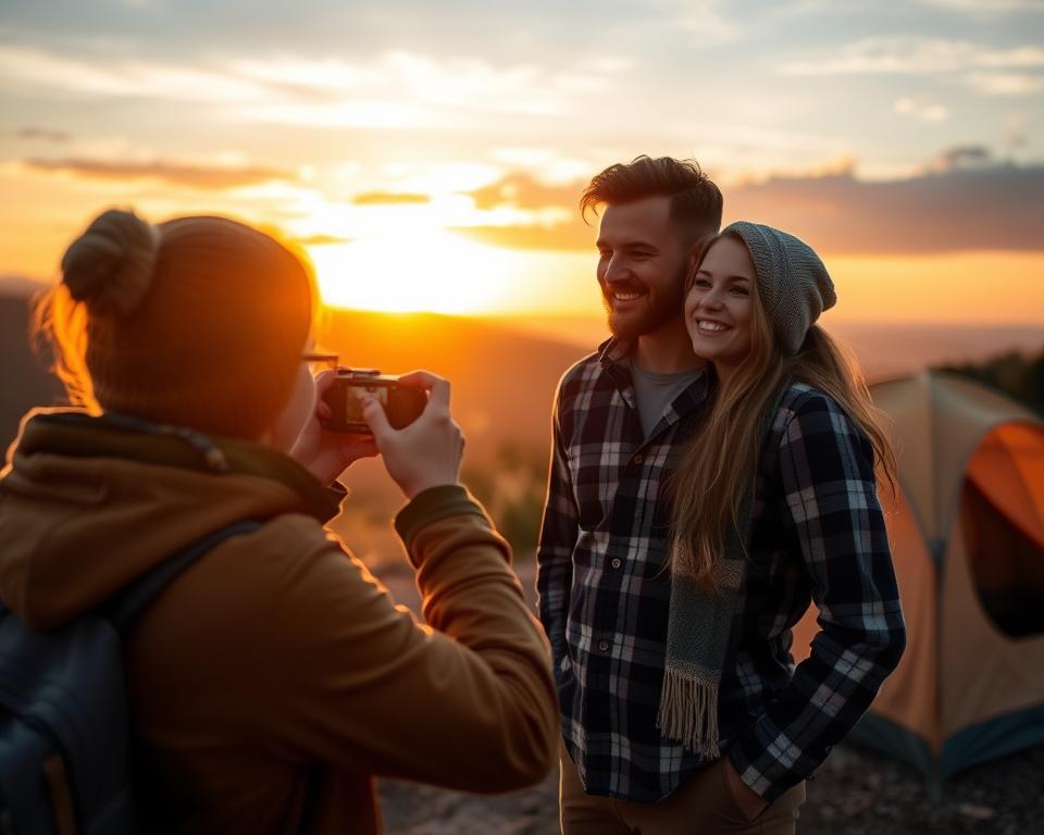 Acampamento Romântico com casal tirando fotos ao pôr do sol