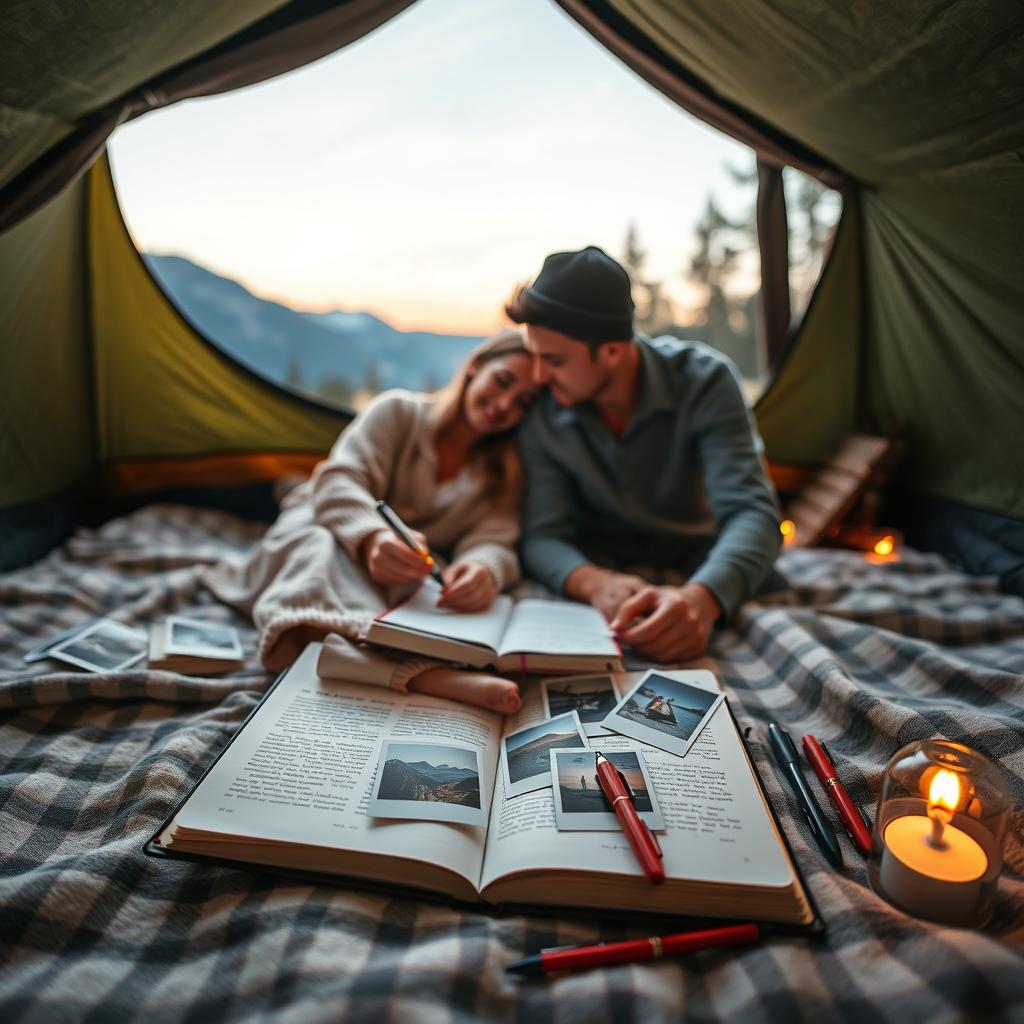 Acampamento Romântico com diário de viagem e polaroids
