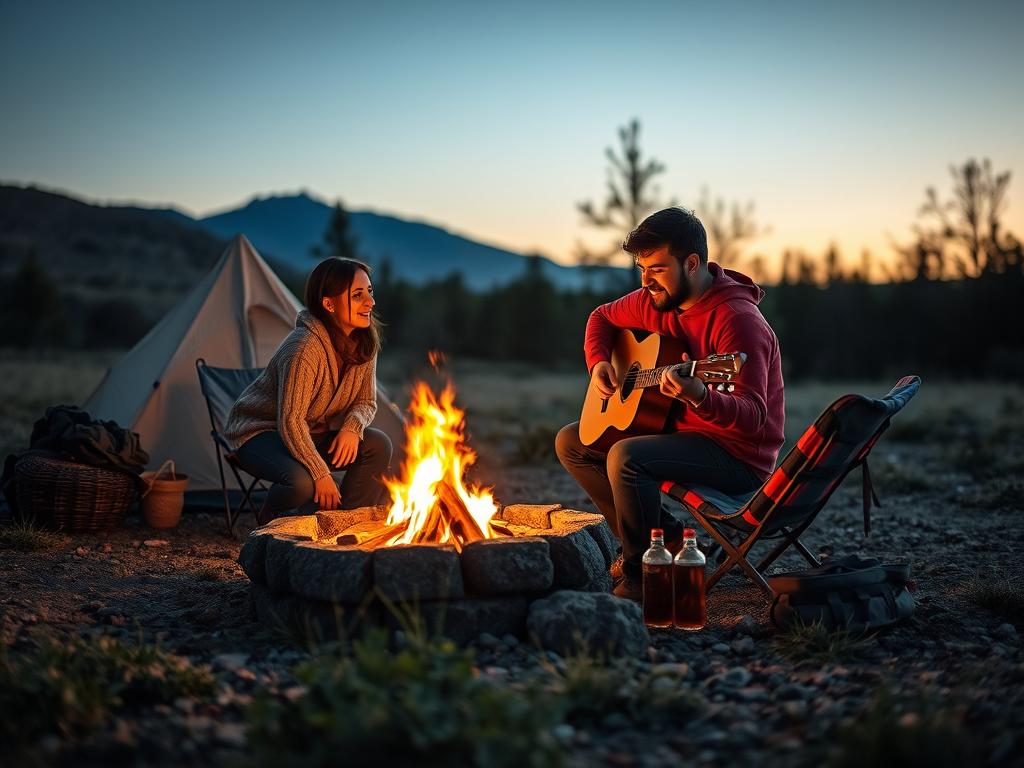 Acampamento Romântico com fogueira e violão