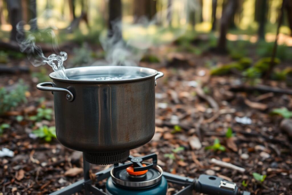 Água sendo fervida em uma panela sobre fogareiro de acampamento