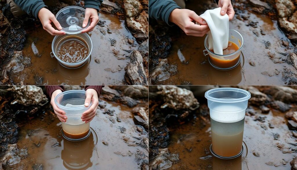 Água turva sendo coletada e filtrada em etapas durante uma trilha