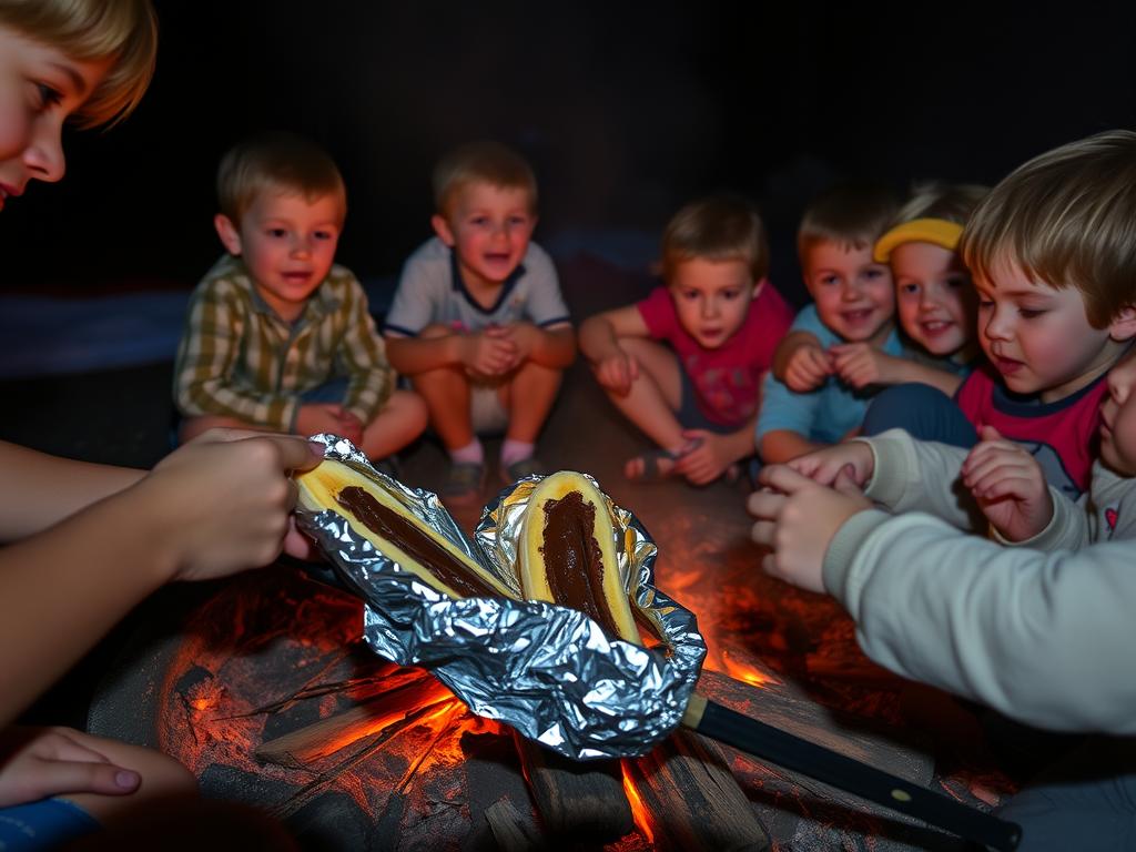 Bananas assadas em acampamento para crianças