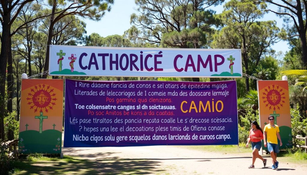Banner com frases inspiradoras para acampamento católico