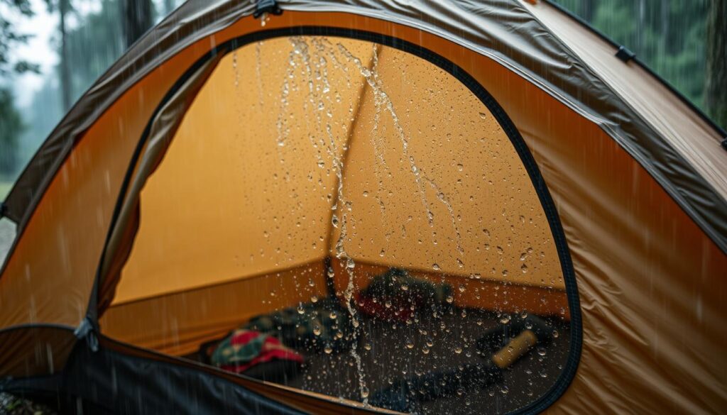 Barraca em uso durante chuva forte demonstrando impermeabilidade