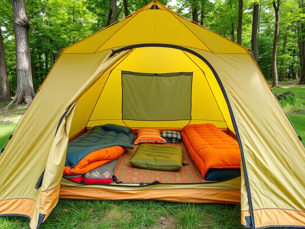 Barraca montada para acampar com a família em área verde com equipamentos de dormir organizados