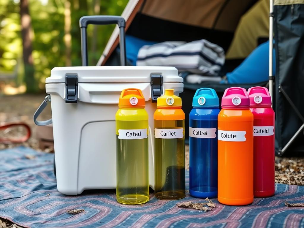 Caixa térmica e garrafas para acampamento para crianças