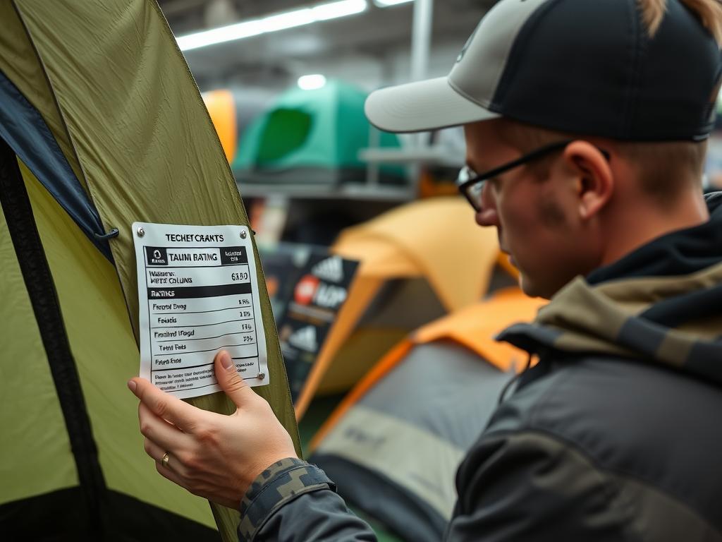 Campista analisando especificações técnicas de barracas antes da compra