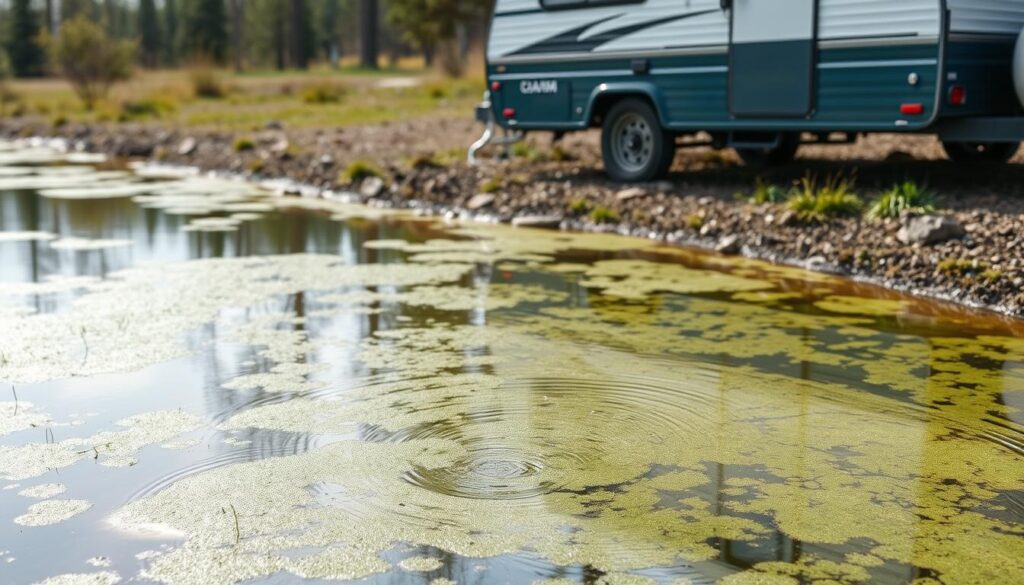 Campista cometendo erro comum ao coletar água de fonte inadequada