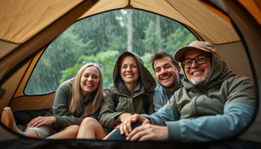 Campistas desfrutando de um acampamento seguro durante chuva com equipamento adequado