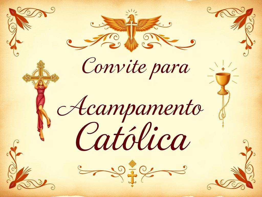 Carta convite para acampamento católico com elementos decorativos religiosos