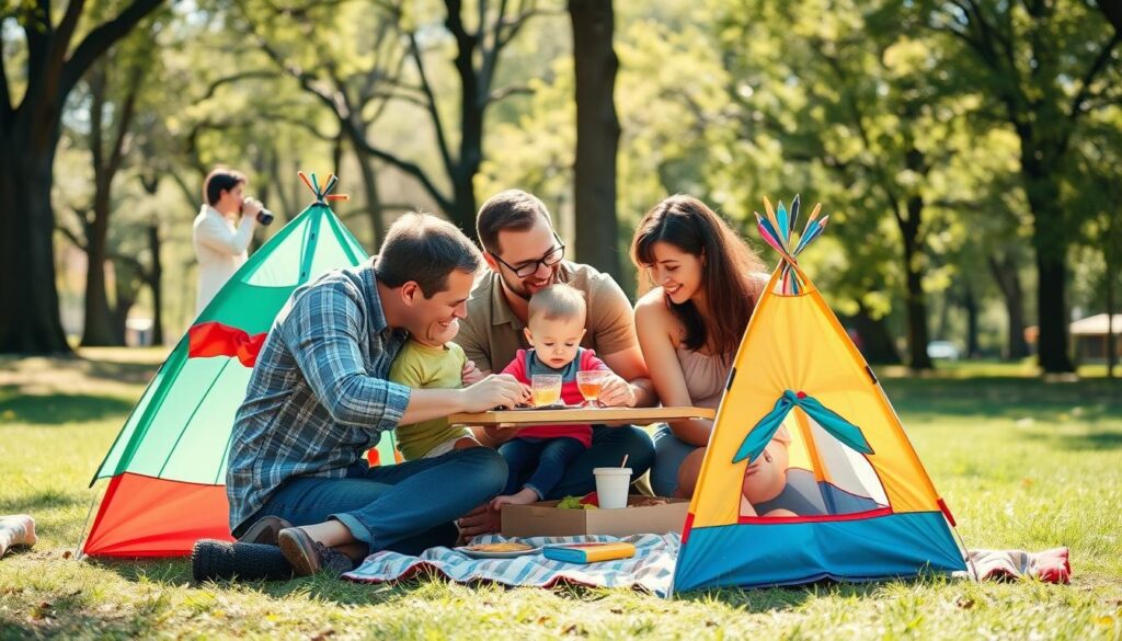Como dobrar barraca infantil - família em piquenique com barraca