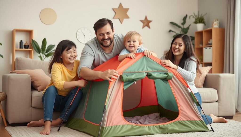 Como dobrar barraca infantil - família feliz com barraca dobrada