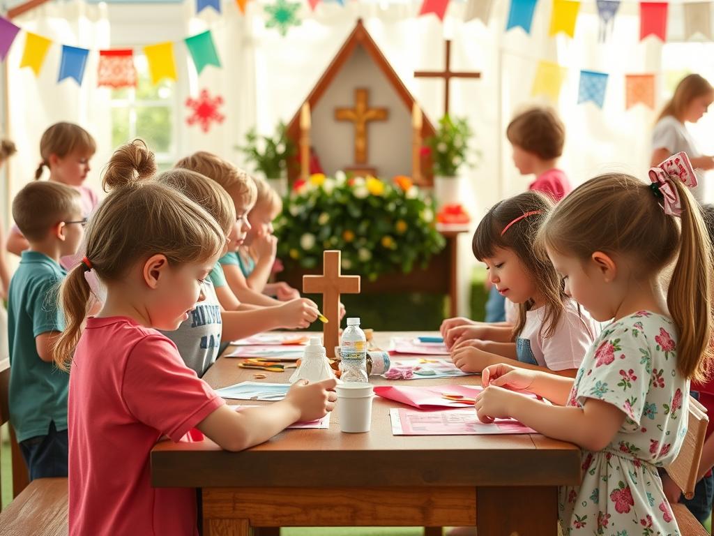 Crianças participando de atividades em um acampamento católico infantil