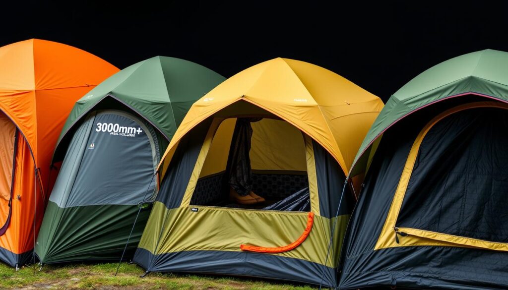 Diferentes tipos de barracas com variadas classificações de coluna d'água