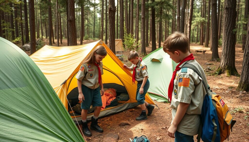 Especialidade arte de acampar - jovens desbravadores montando acampamento