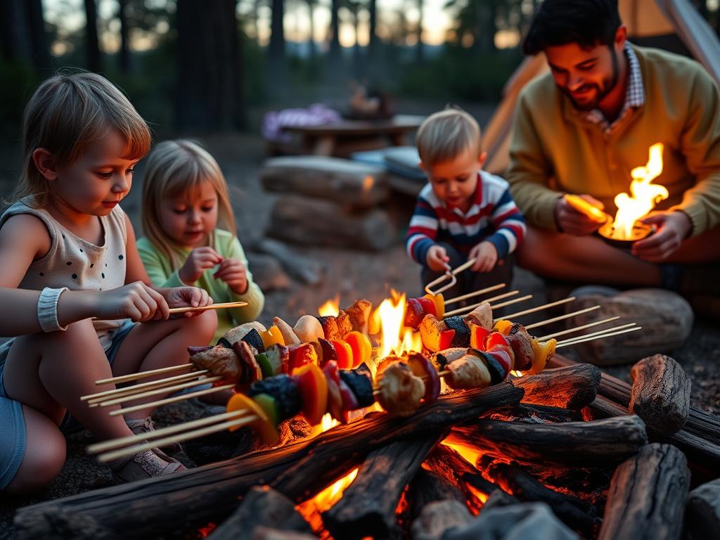Espetinhos para jantar em acampamento para crianças