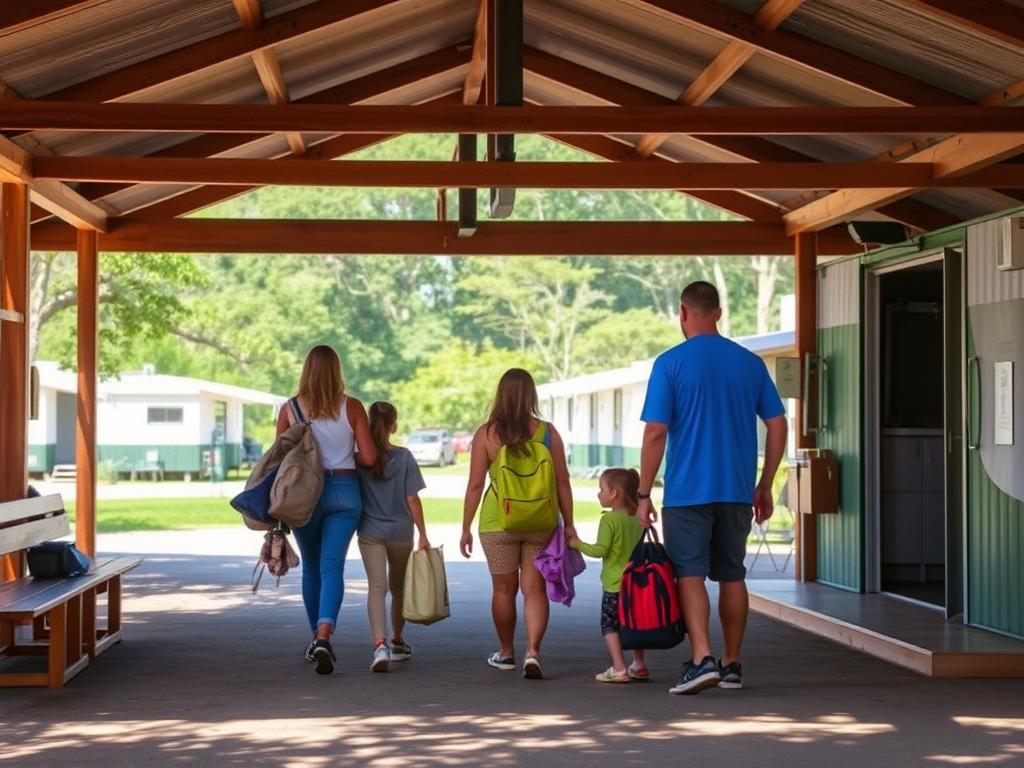 Família chegando a um camping estruturado com recepção e áreas organizadas