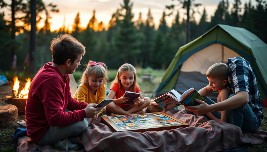 Família desfrutando do momento presente no acampamento sem dispositivos eletrônicos