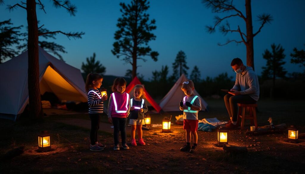 Família em acampamento seguro com equipamentos de iluminação e segurança visíveis