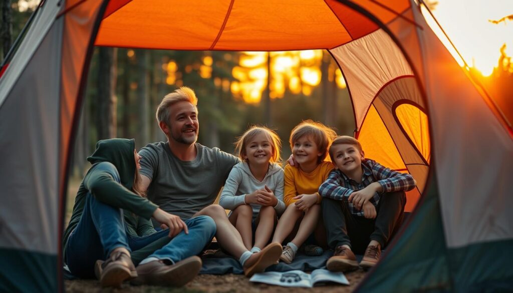 Família feliz contemplando o pôr do sol em acampamento bem organizado