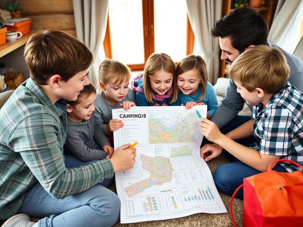 Família planejando acampamento para crianças