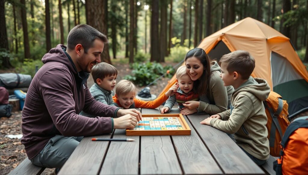 Família realizando atividades divertidas durante acampamento ao ar livre