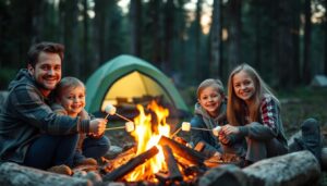 Família reunida em acampamento para crianças ao ar livre