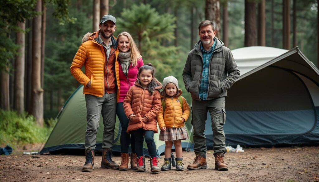 Família vestida adequadamente para acampar com roupas em camadas e calçados apropriados