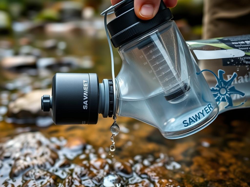 Filtro Sawyer sendo usado para purificar água diretamente de um riacho