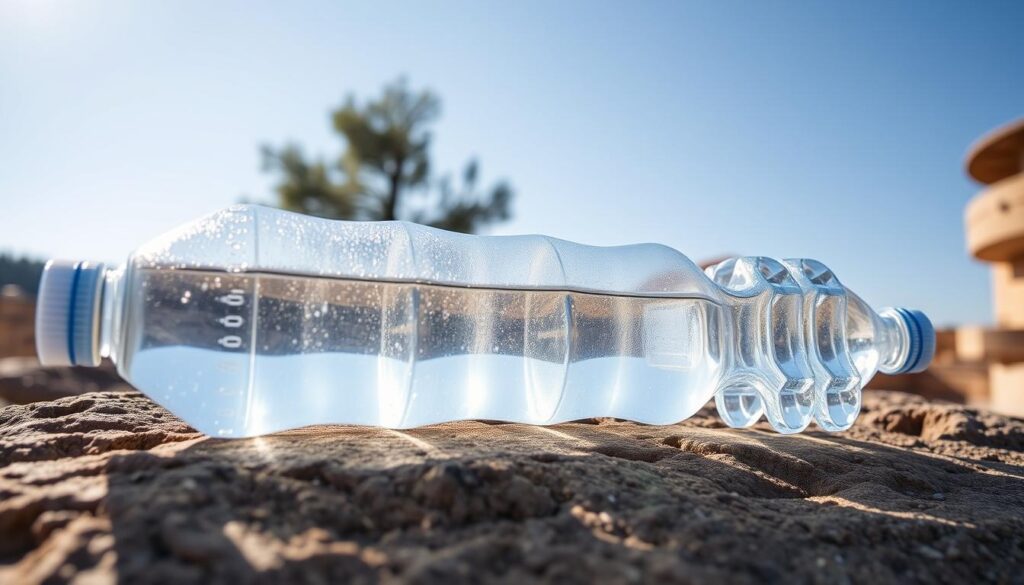 Garrafas PET transparentes expostas ao sol para purificação pelo método SODIS