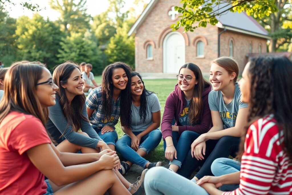 Grupo de jovens compartilhando experiências em roda durante acampamento católico