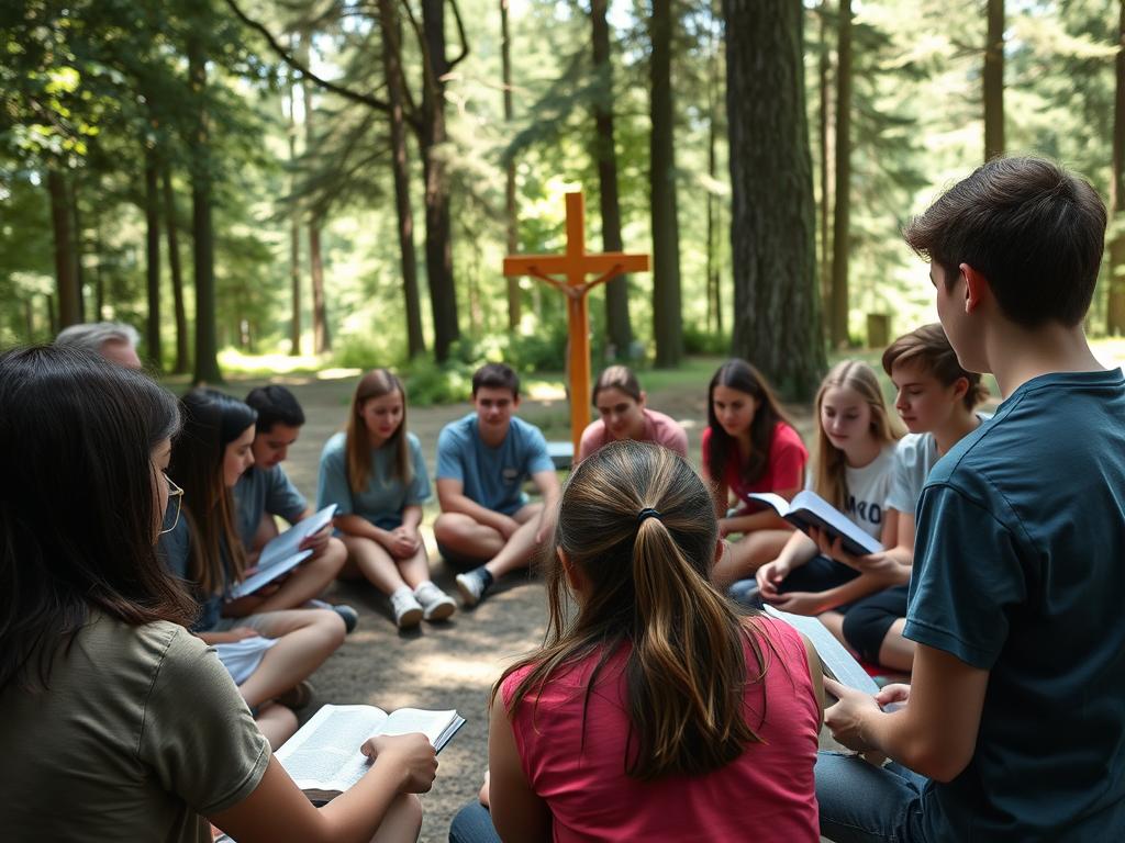 Jovens reunidos em um acampamento católico participando de atividades espirituais